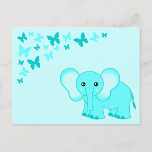 Postkort för Cute Blue Baby Elephant och Butterfli Vykort