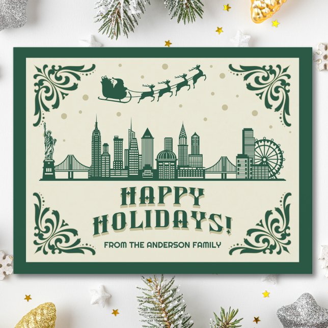 Postkort för Glad helg i New York City Skyline Vykort (Happy Holidays New York City skyline cityscape christmas postcard customizable real estate Santa )