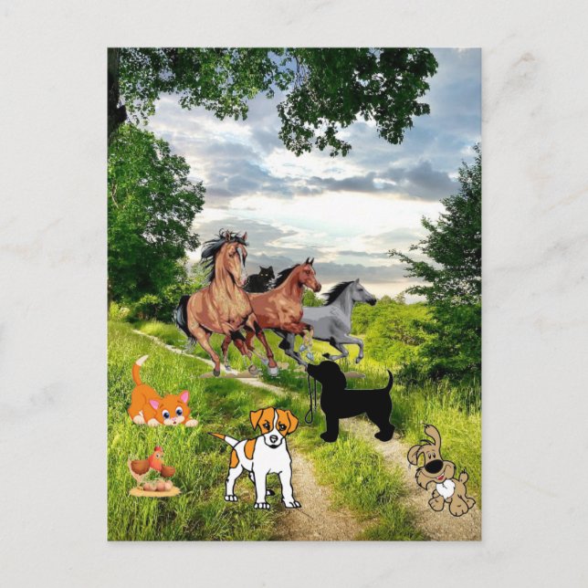 Postkort för hund Cat Chicken Horses Vykort (Framsida)