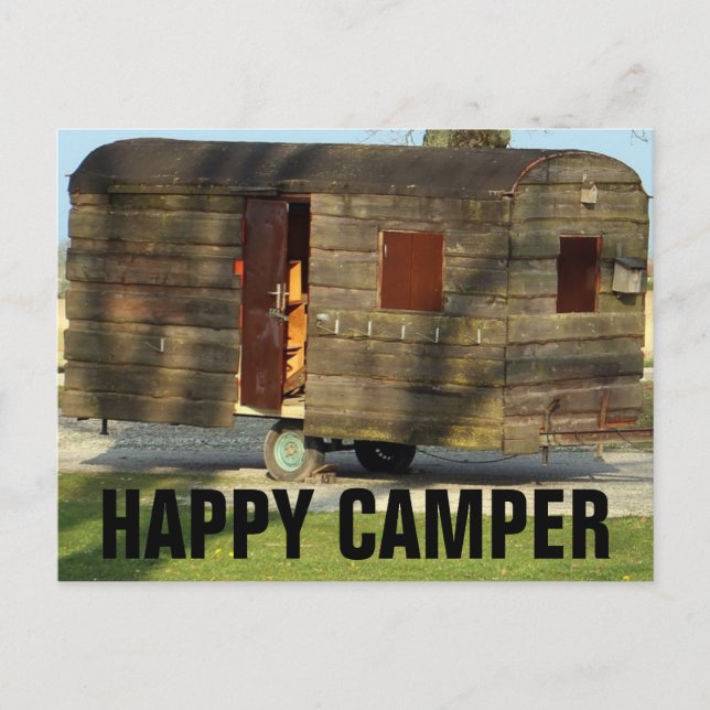 Postkort för lycklig Camper Wooden Camper Trailer Vykort (Framsida)