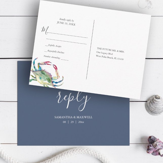 Postkort för OSA av vattenfärg i kustblå Crab Vykort (Beach Wedding Blue Crab Watercolor RSVP Postcard coastal art by Victoria Grigaliunas)