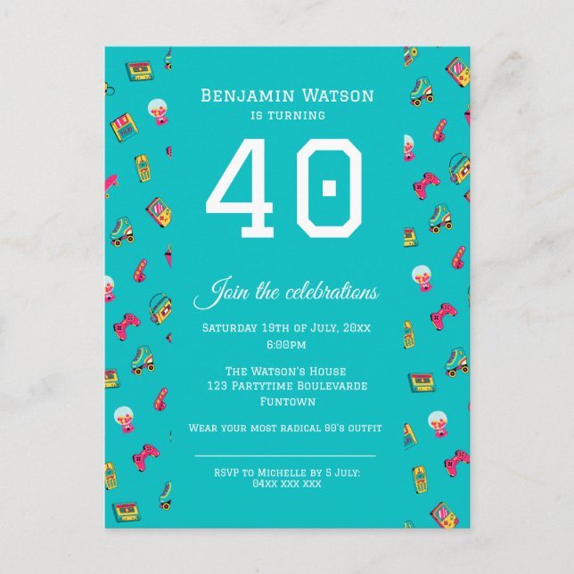 Postkort för partiinbjudan - Ikonisk 90-roligt Inbjudan Vykort (Framsida)