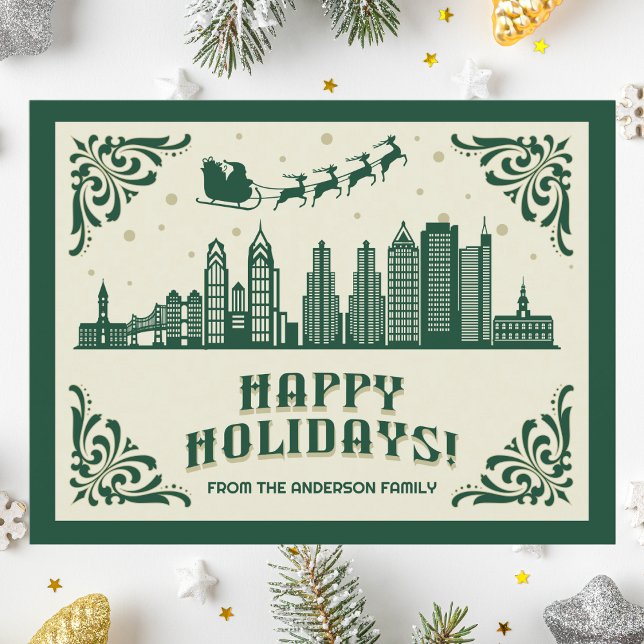 Postkort för Philadelphia PA Skyline Glad helg (Happy Holidays Philadelphia, PA skyline cityscape christmas postcard customizable real estate Santa )