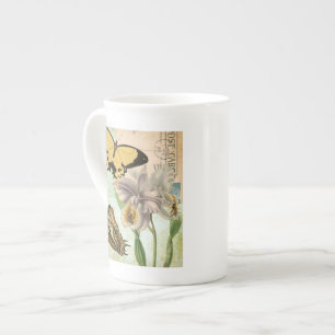 Postkort för Vintage med fjärilar och blommor Benporslin Mugg