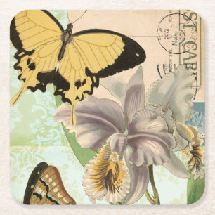 Postkort för Vintage med fjärilar och blommor Underlägg Papper Kvadrat