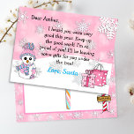 Postkort från Santa: Cute Snögubbe Helg Vykort<br><div class="desc">Söt snöflingor,  söt snögubbe och en festlig personlig brev från Jultomten på framsidan. Baksidan har ett ställe för ditt barn att skriva sin önskelista för jul.</div>