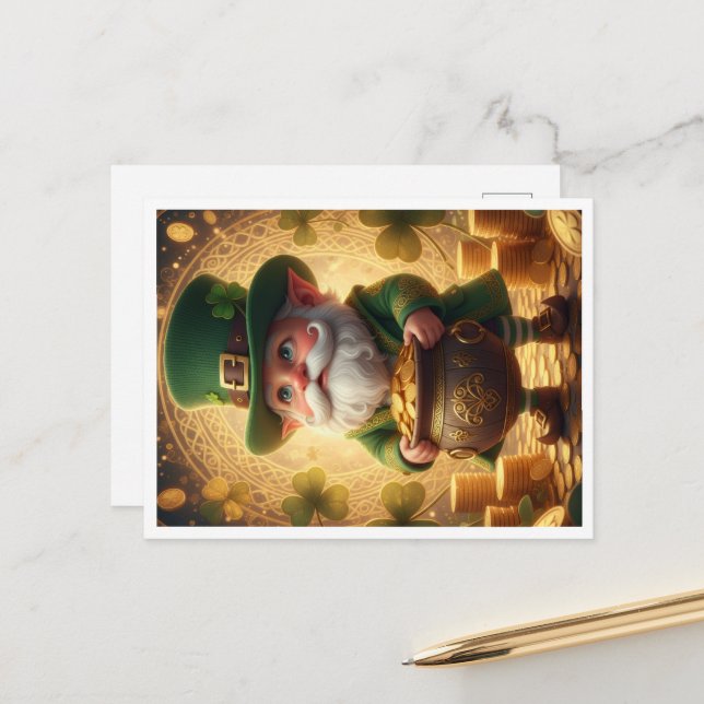 Postkort med fantasifull Leprechaun-pott med guld Helg Vykort (Fram/Back In Situ)