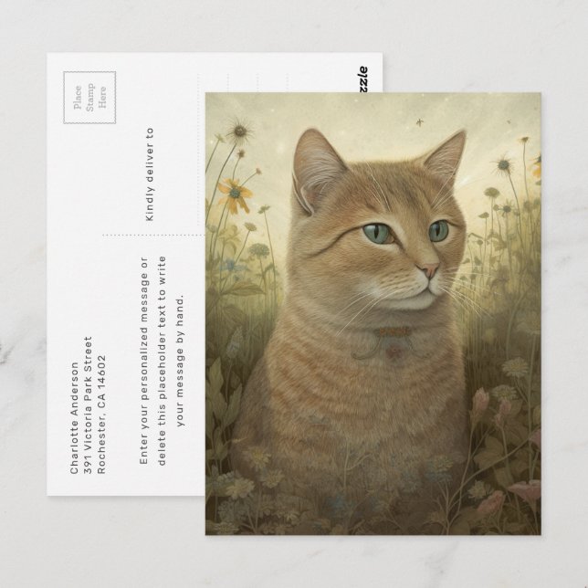 Postkort med nyckfull gingerkatt i en äng vykort (Fram/baksida)