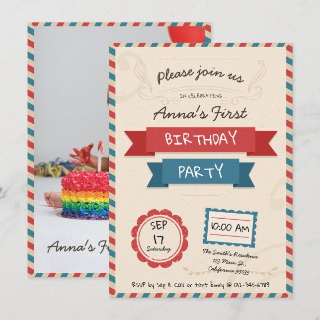 Postkuvert. Födelsedagsinbjudan. Inbjudningar (Fram/baksida)