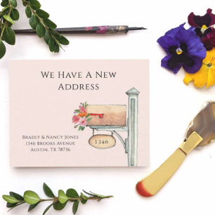 Postlåda för rosa Blommigt Vi har flyttat platt Anteckningskort