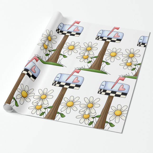 Postlåda med Daisy och Flagga Land Garden Presentpapper (Utrullad)