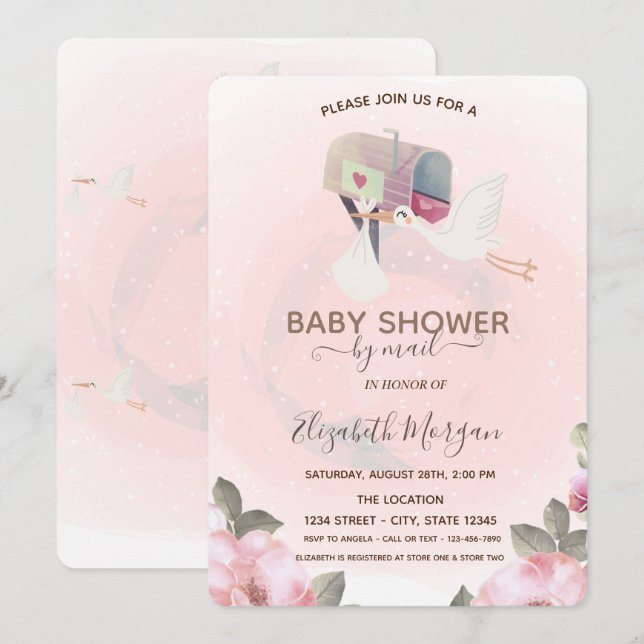 Postlåda, Söt stork Blommig baby shower  Inbjudningar (Fram/baksida)