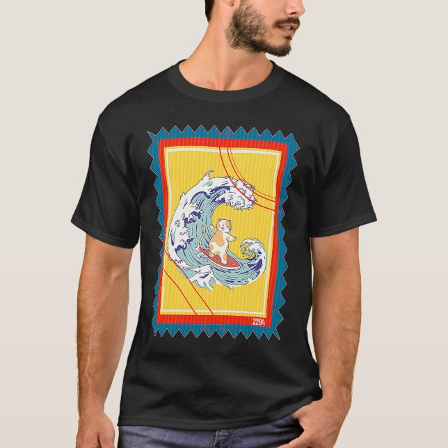 Poststämpel Surfar Surfande Katt T Shirt (Framsida)