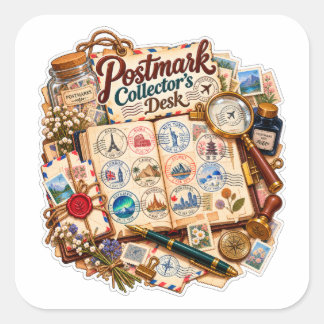 Poststämpelssamlardisk – Vintagefrimärke & Resa Fyrkantigt Klistermärke