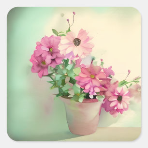 Pot av Rosa Watercolor Flowers Fyrkantigt Klistermärke