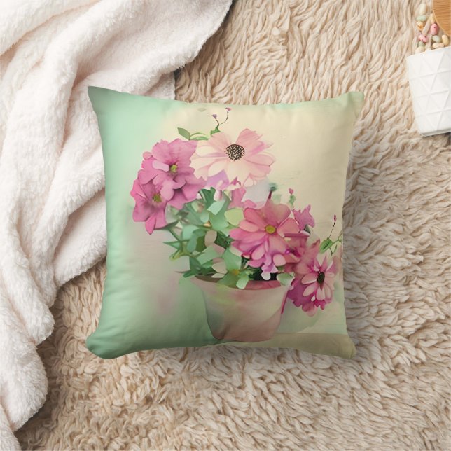 Pot av Rosa Watercolor Flowers Kudde (Filt)