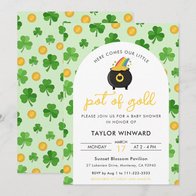 Pot of Gold St. Patrick's Day Baby Shower Inbjudningar (Fram/baksida)
