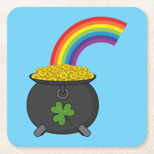 Pot of Guld Rainbow Tecknad Underlägg Papper Kvadrat