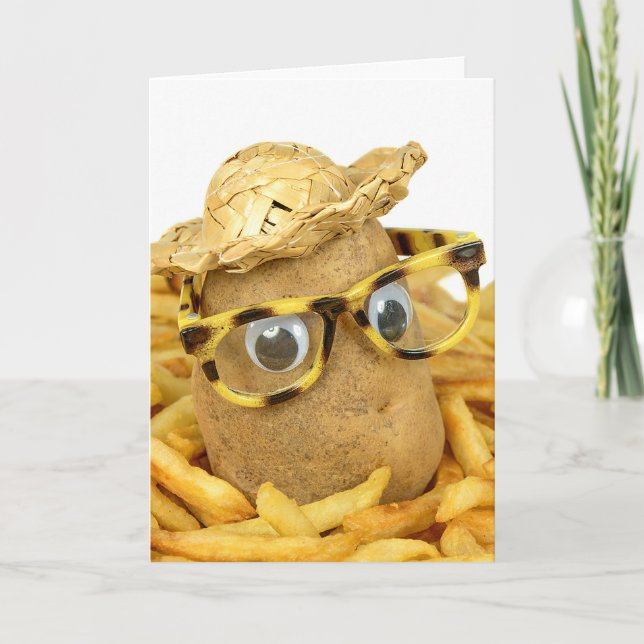 Potatis med halmhatt och glas humor kort (Framsida)