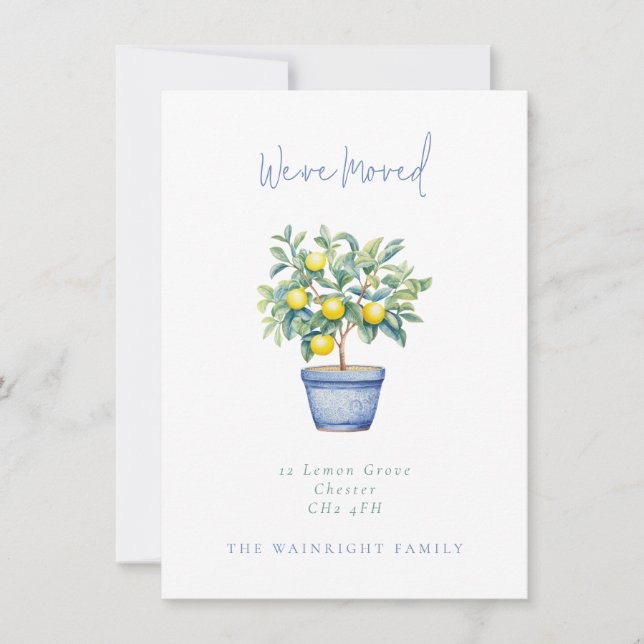 Poted Lemon Träd Vi har flyttat Ny adress Meddelande (Framsida)