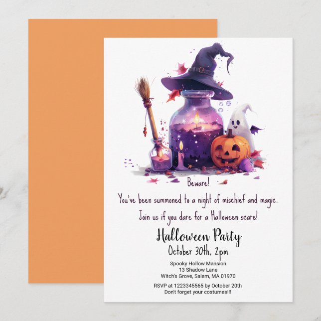 Potions Pumpkin Ghost Witch Hat Halloween fest Inbjudningar (Fram/baksida)