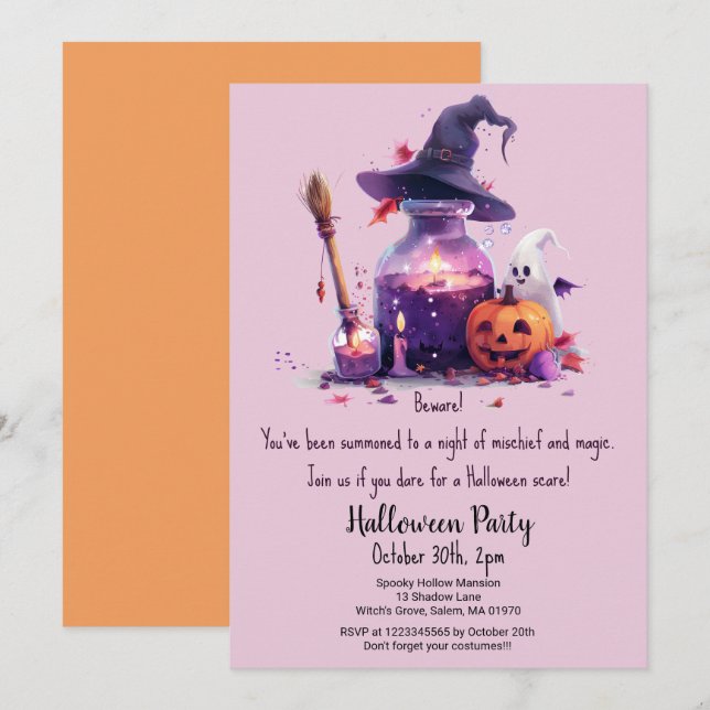 Potions Pumpkin Ghost Witch Hat Halloween fest Inbjudningar (Fram/baksida)