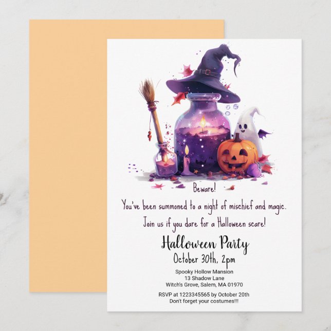 Potions Pumpkin Ghost Witch Hat Halloween fest Inbjudningar (Fram/baksida)