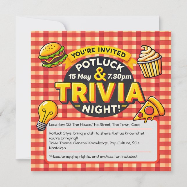 Potluck och Trivia night inbjudan byo pot tur (Framsida)