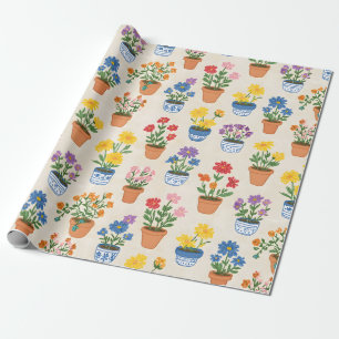 Pottblommor i fantasifull botanisk illustration presentpapper