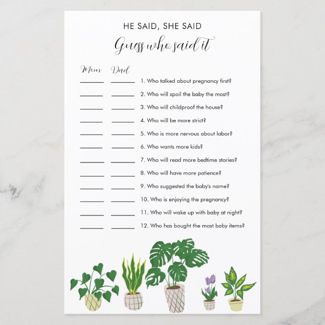 Potted Plants Baby Shower He Said She Said Game (Framsida)