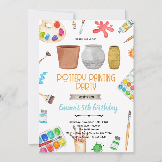 Pottery Painting party theme invitation  Inbjudningar (Framsida)