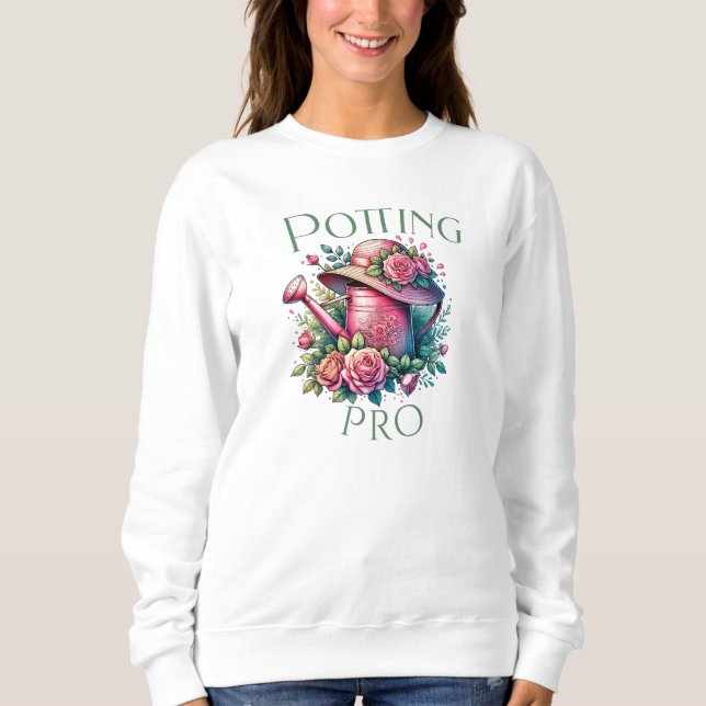 Potting Pro Rosa Watering Kan Garden Sweatshirt T Shirt (Framsida)