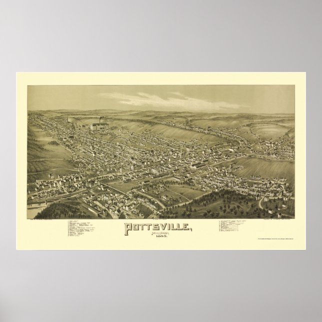 Pottsville, PA Panoramic Karta - 1889 Poster (Framsidan)