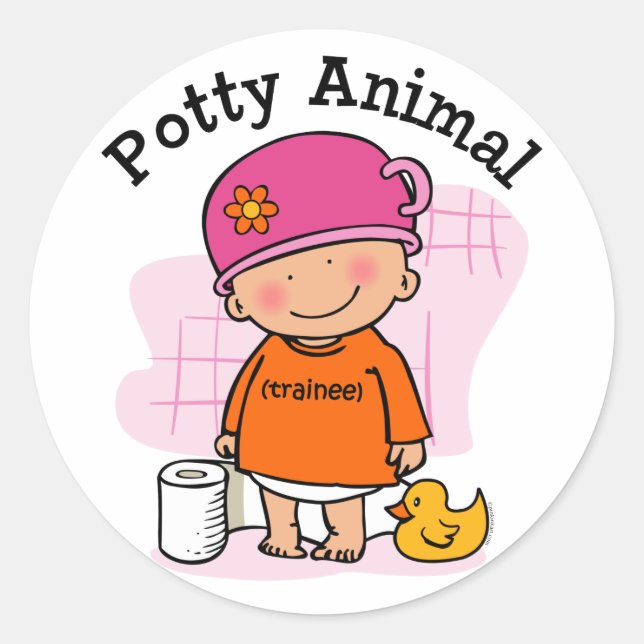 Potty Animal Girl Sticker Runt Klistermärke (Framsida)