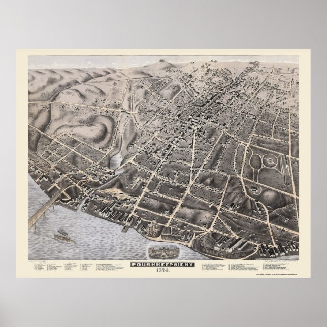 Poughkeepsie, NY Panoramic Karta - 1874 Poster (Framsidan)