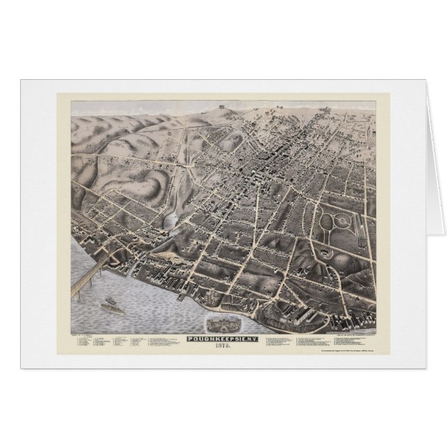 Poughkeepsie panorama- karta för NY - 1874 Hälsningskort (Framsidan Horizontal)