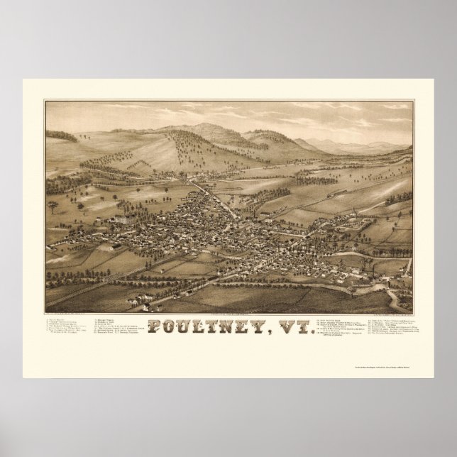 Poultney, VT Panoramic Karta - 1886 Poster (Framsidan)