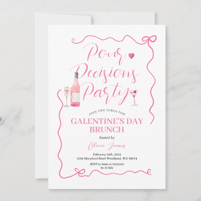 Pour Decision Party Rosa Handdragen Valentine Part Inbjudningar (Framsida)