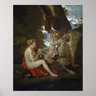 Poussin - Nymph och Satyr Drinking Poster