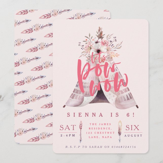 Pow-wow, födelsedagsfest inbjudan (Fram/baksida)