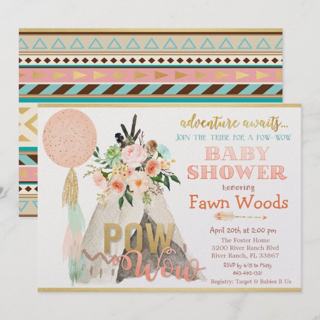 Pow Wow Tribal Teepee Tipi Baby Shower-inbjudan Inbjudningar (Fram/baksida)
