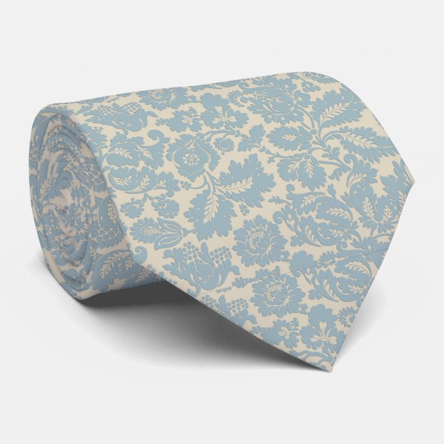 Powder Blåa blommor på Cream Tie Slips (Rullad)