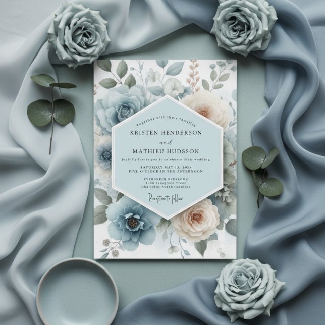 Powder Blue Floral Romance Wedding Inbjudningar (Skapare uppladdad)