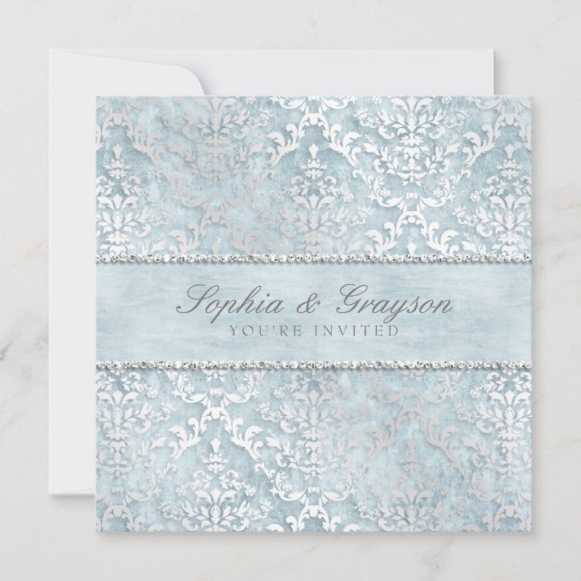 Powder Blue Glimmer Damask Wedding Inbjudan (Framsida)