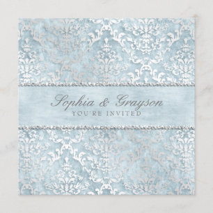 Powder Blue Glimmer Damask Wedding Inbjudan