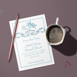 Powder Blue Toile de Jouy Cherub Save the Date Car Spara Datumet