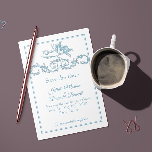 Powder Blue Toile de Jouy Cherub Save the Date Car Spara Datumet (Skapare uppladdad)