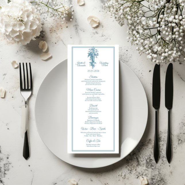 Powder Blue Toile de Jouy Wedding Menu Card Meny (Skapare uppladdad)