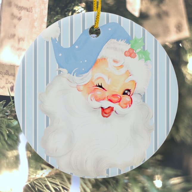 Powder Blue Vintage Winking Santa Julgran Julgransprydnad Keramik (Skapare uppladdad)