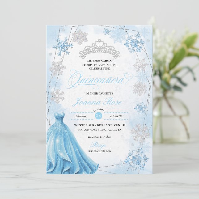 Powder Blue Winter Wonderland Quinceanera Inbjudningar (Stående Fram)